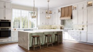 Island kitchen with fully white interior and cabinets in in San Diego