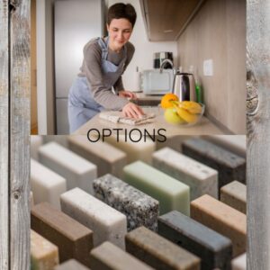 A women cleaning kitchen's platform and multiple color granite samples in San Diego